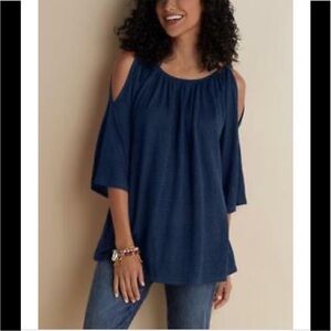 Soft Surroundings 100% Linen‎ Cold Shoulder Malta Top Shirt Navy Blue size small